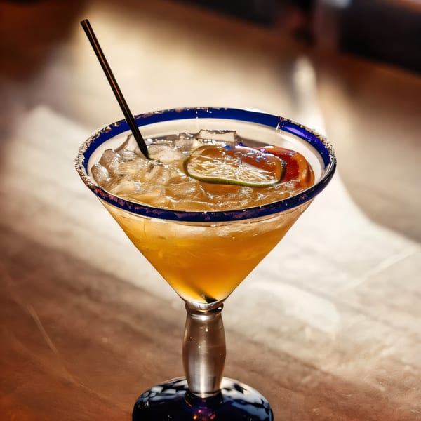 A Clase Codigo margarita with a salted rim, lime, and grapefruit slice, on a wooden table.